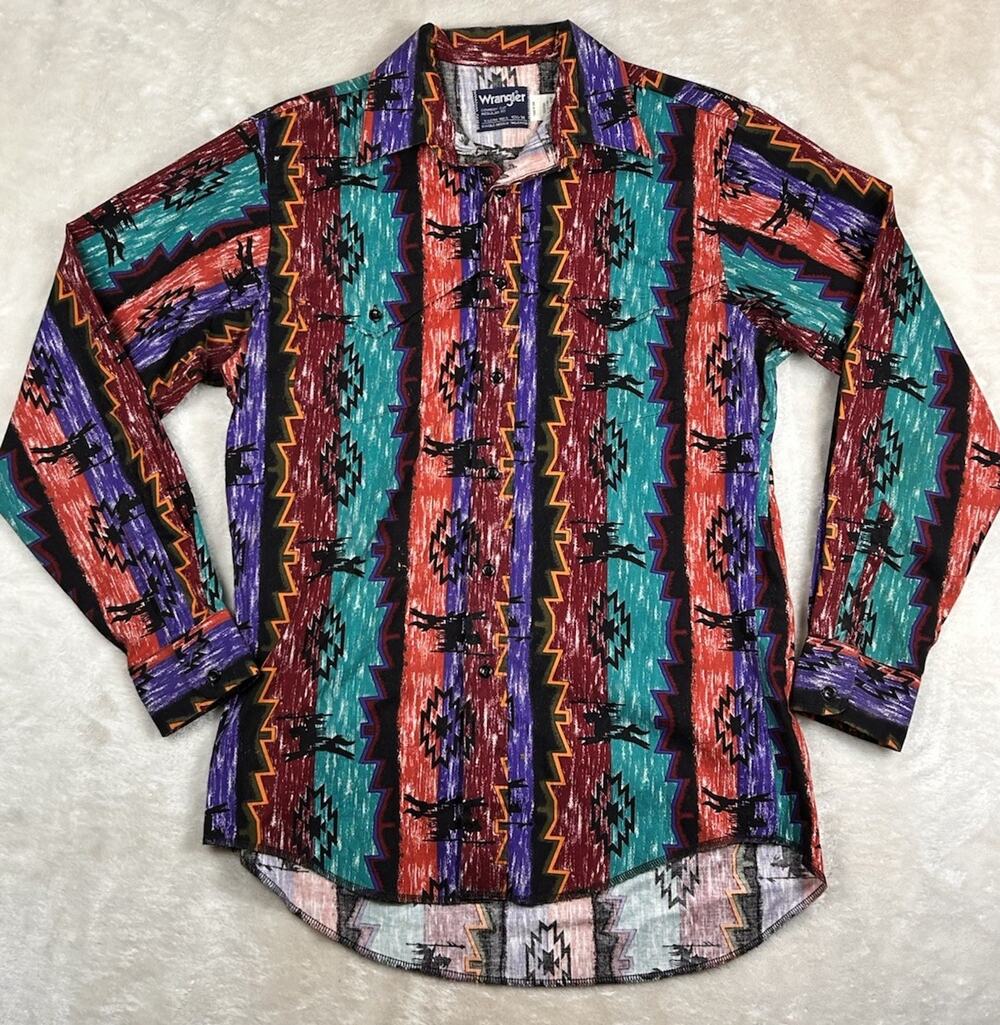 Vtg Wrangler Cowboy Cut Shirt Mens 15.5x34 M Aztec Western Rodeo 90s USA Made